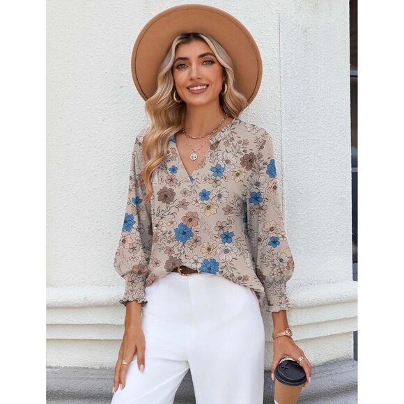 Women’s Floral V Neck Blouse 3/4 Sleeve Ruffle Cuffs Casual Top Small - Picture 7 of 7